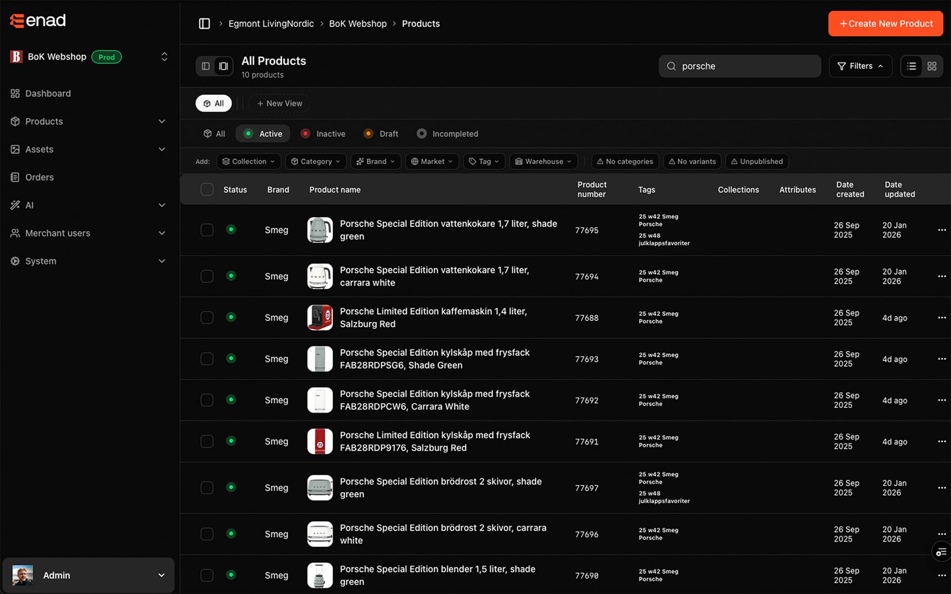 Enad dashboard with sales metrics, product content queue, and analytics charts.