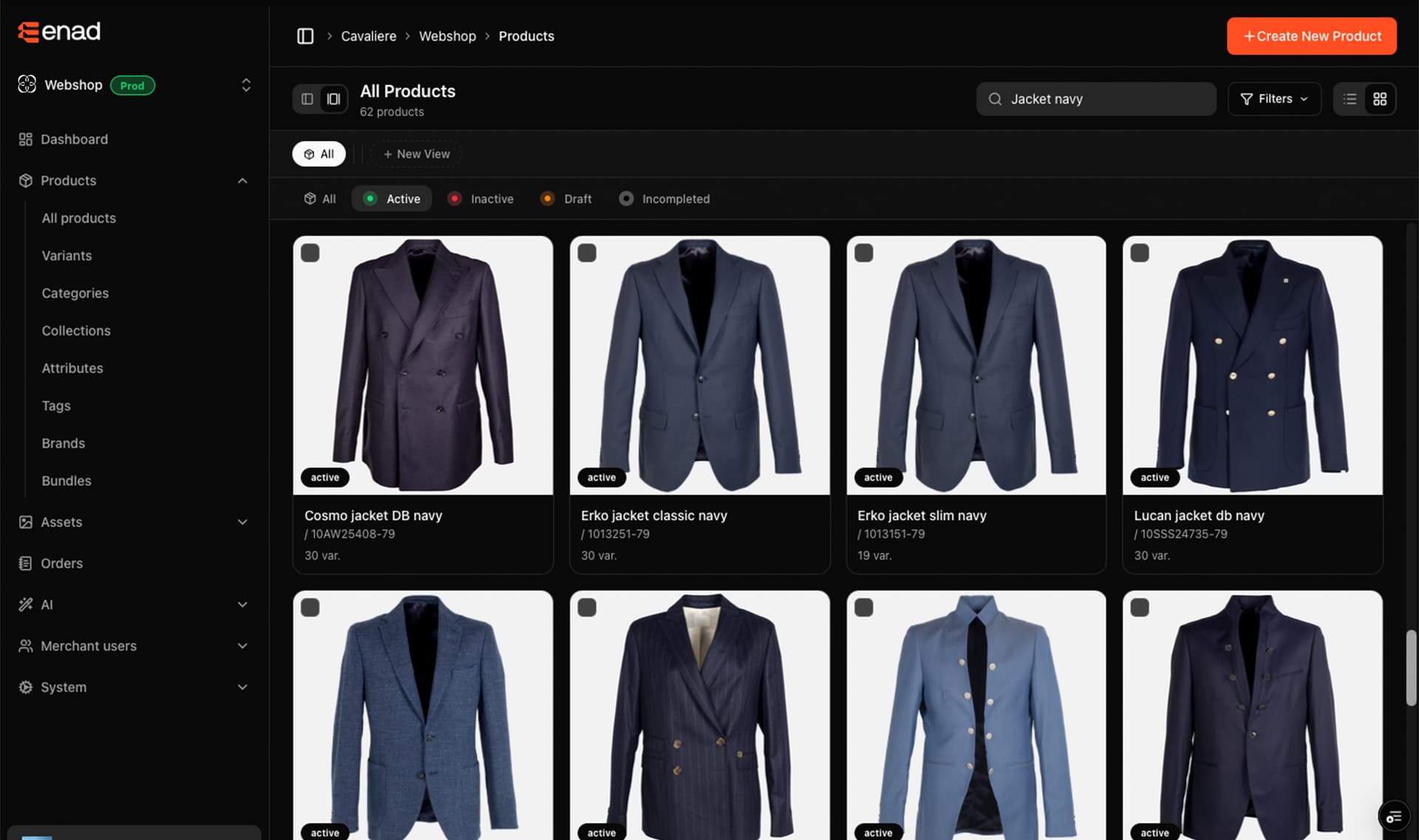 Products table view with filters, status indicators, and catalog attributes.