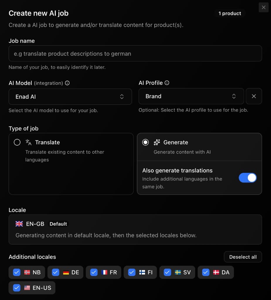 Create new AI job dialog for generating and translating product content across locales.