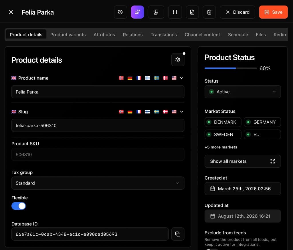 Product details page for Felia Parka with name, SKU, market status, and completion score.