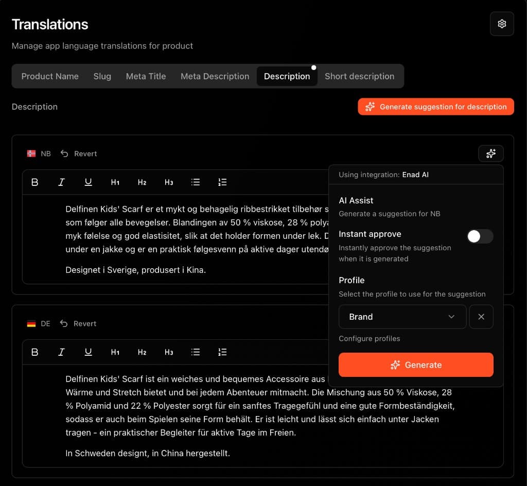 Translations editor with Norwegian and German descriptions and Enad AI Assist.